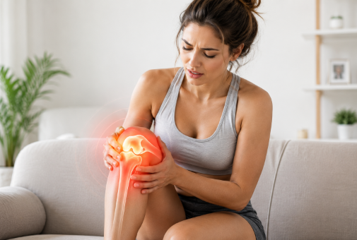 Woman holding a painful knee joint before applying Arthryon Heat Relief Cream